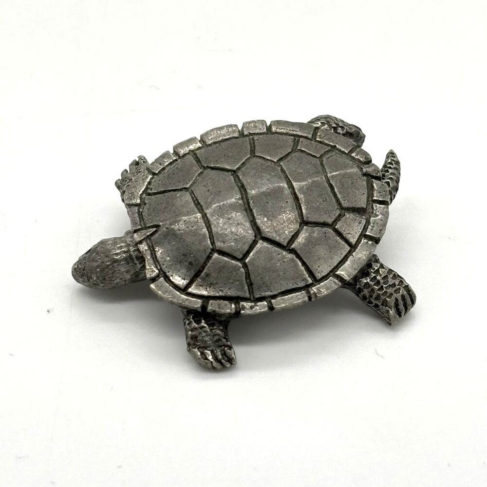 Vtg Pewter Turtle Pin Brooch USA Pewter 1996 Barker texture shell antique finish